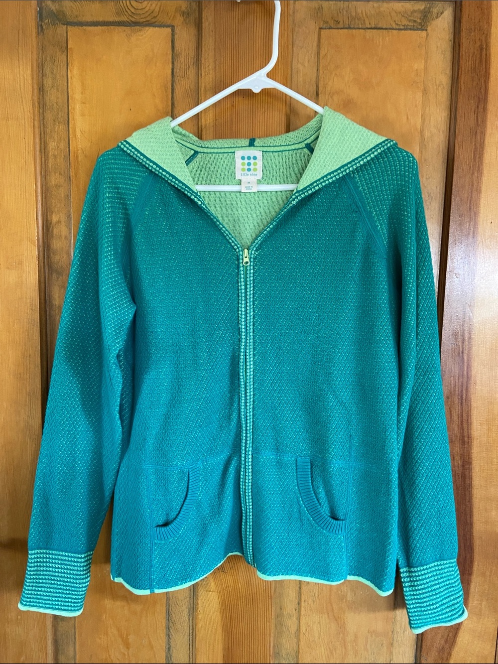 Title Nine Teal Zip Cardigan with Light Green Hood Trim